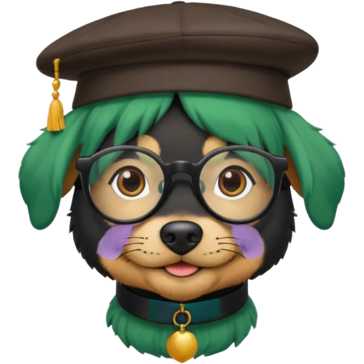 fully black dog, green haired, glassess and a hat emoji