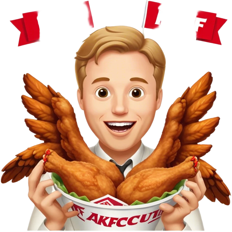 "Create an emoji of a white man holding KFC chicken wings with a happy and excited expression. Make sure to add the text 'KFC ABSOLUTE CINEMA ✋😮🤚' in large, bold letters, covering the entire screen and standing out clearly. This text must be included. Use a vibrant and expressive style." emoji