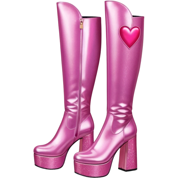 glittery pink platform knee high gogo boots with heart on side emoji
