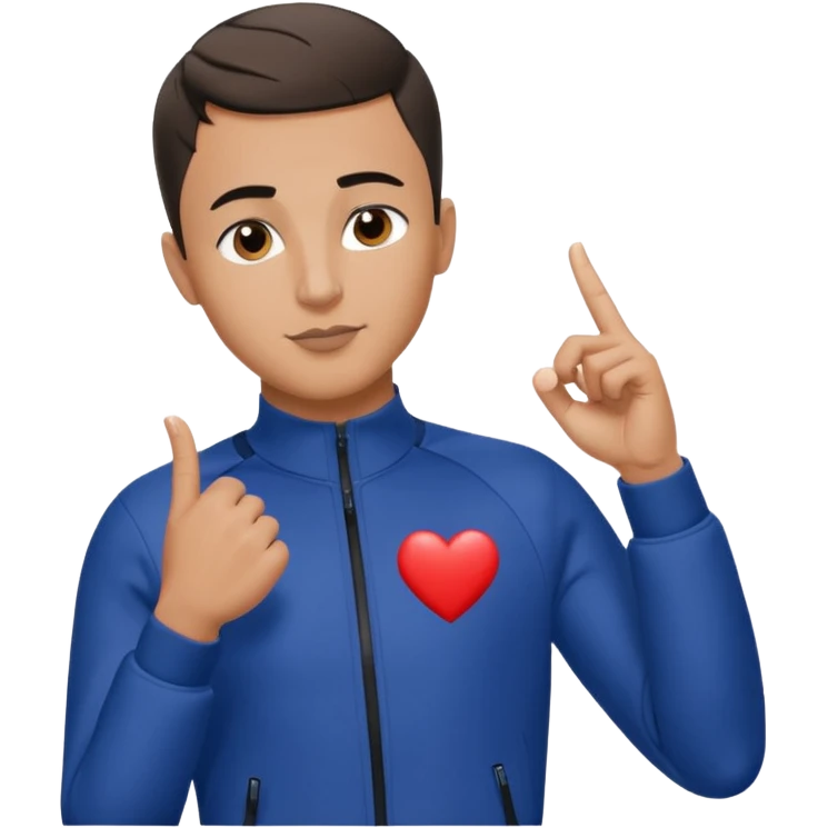 A man with a short Edgar haircut, brown eyes, arched brows, bit lips and nose wearing a nike tech doing a half finger heart with one hand emoji