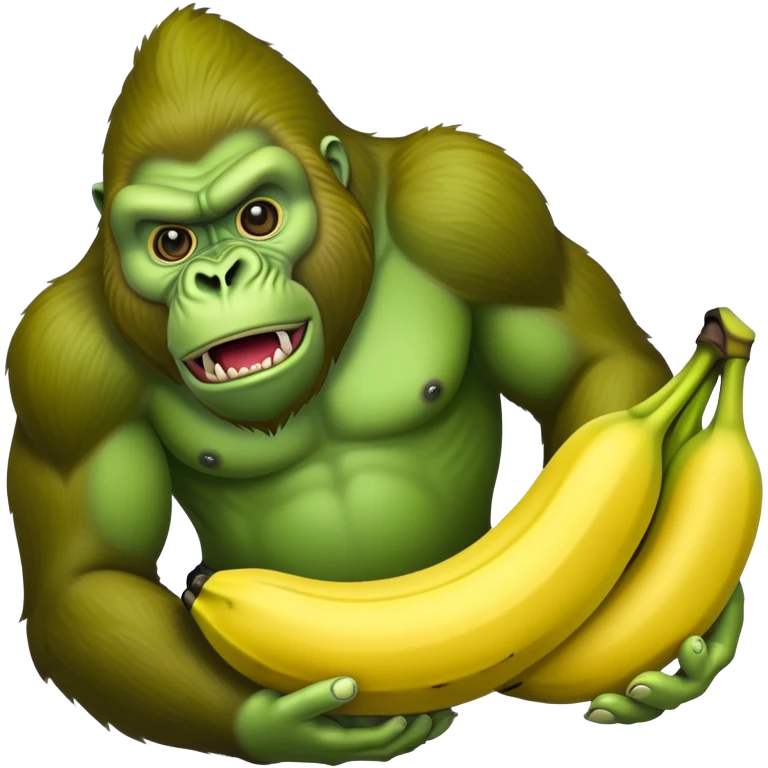 A ripe yellow banana with the head of a bright green gorilla with a fierce expression emoji