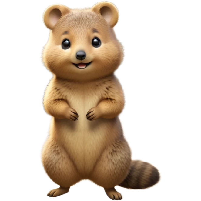 cinematic-quokka-realistic-full-body-standing-emoji,-small-round-frame-balanced-on-tiny-strong-hind-legs,-fluffy-brown-fur-radiating-a-warm-softness,-big-round-eyes-filled-with-joy-and-innocence,-tiny-clawed-paws-held-close-to-chest,-cheerful-smile-exuding-endearing-happiness,-simplified-yet-realistic-focused-features,-highly-detailed,-glowing-with-a-sunny-warmth emoji