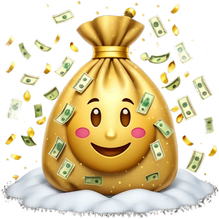 3D emoji style, money bag with dollar bills, New Year theme, snow particles, festive lighting, rich vibe, high detail, transparent background

 emoji