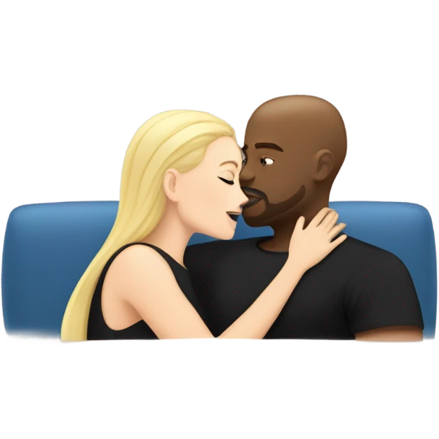 Blonde woman with blue eyes and long straight hair wearing a short black dress and a black man who is bald with a goatee seated together on a sofa enjoying a loving kiss.   emoji