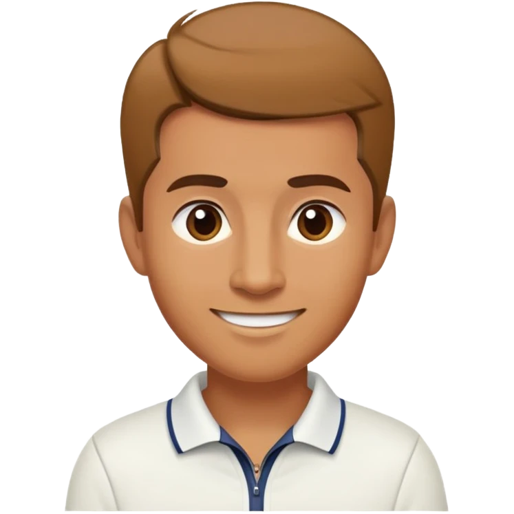caramel brown Chindian male tennis coach, short straight hair with widow's peak, oval face, small eyes, smiling emoji