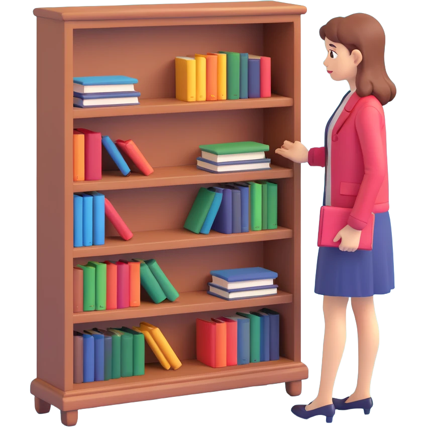 a sad woman looking at a small bookcase emoji