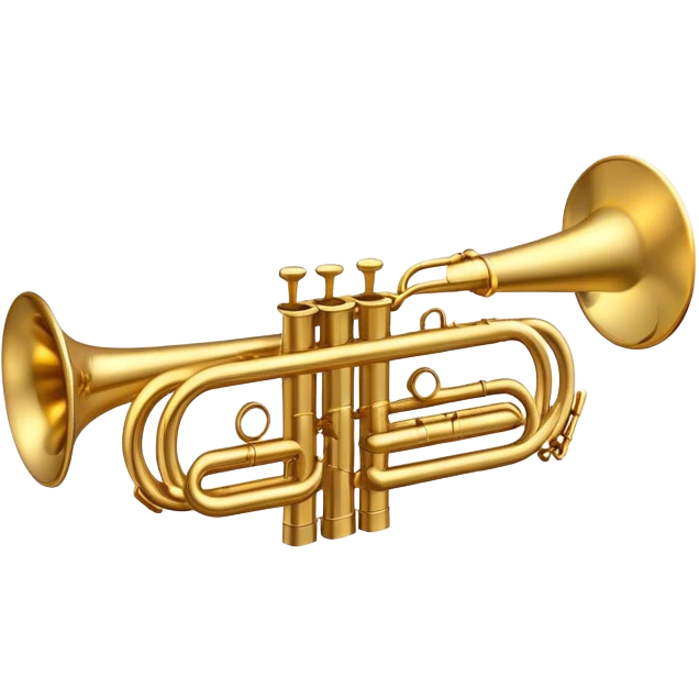 Cinematic Realistic Trumpet, polished brass with warm golden reflections, intricate valve details subtly highlighted, soft hands pressing the keys, glowing with bold and triumphant musical energy. emoji