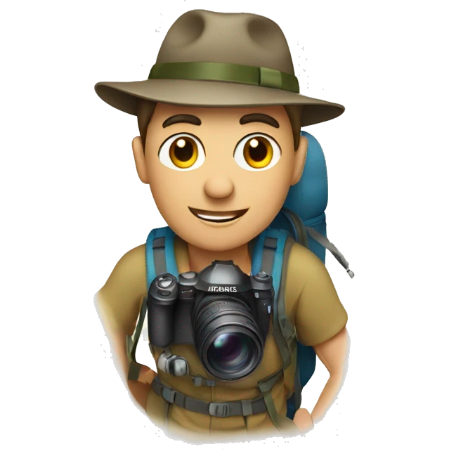 A photographer on top of a mountain, wearing a hat and a trekking bag emoji