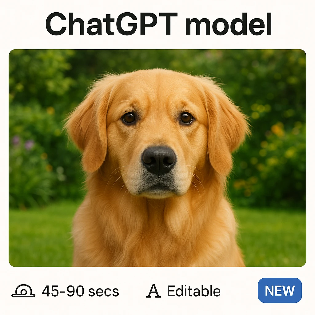 Move the 'ChatGPT model' title to the top and the other tags ('Speed icon: slow 45-90 secs', 'Editable', 'Text generation', 'New') to the bottom. Use a golden retriever in a garden as the image background, seamless website style. emoji