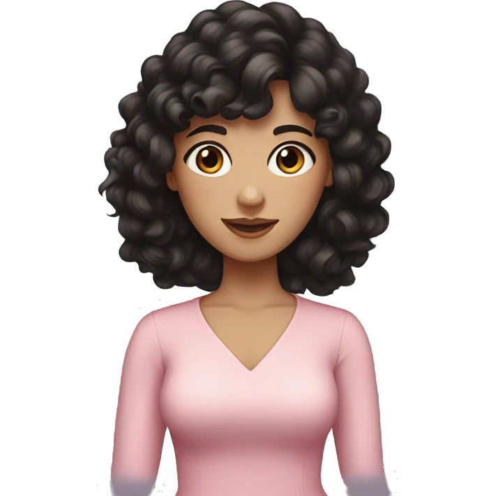 White woman with long black curly hair and bangs and dark brown eyes, wearing a pastel pink dress emoji