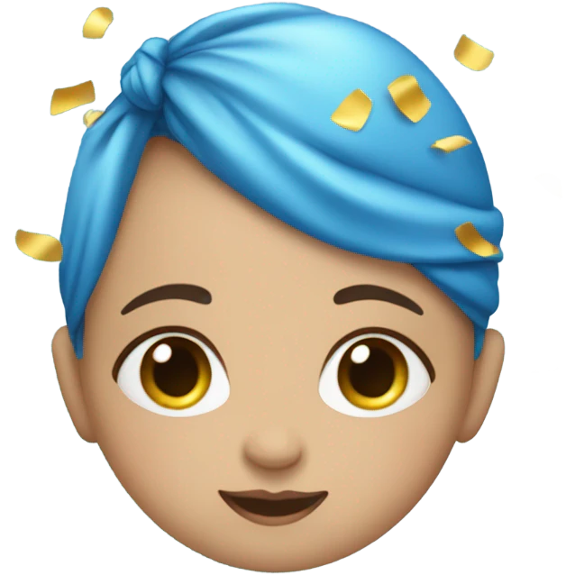 A baby dressed in blue with blue confetti emoji
