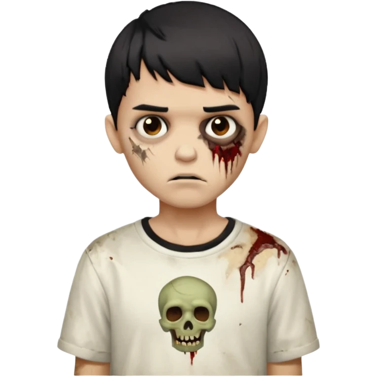 garoto zombie de cabelo liso preto com volume no formato de tigela, olhos marrom escuros, camisa branca, pele morena mas mais branca do que morena emoji