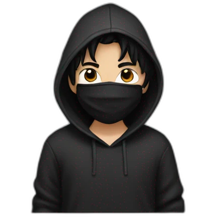 boy wear black hoodie with black mask and black hair emoji