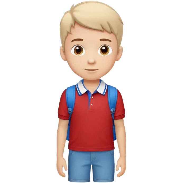 Young boy with casual and comfortable clothing, and one of his most well-known images shows him wearing a red polo shirt with blue and white details on the collar, along with a light-colored backpack on his shoulders. emoji
