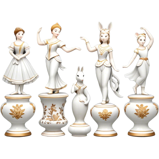 Icon for Porcelain Figurine Collecting: a collection of delicate porcelain figurines, such as animals, dancers, and historical characters, displayed on a shelf or in a display case. The icon should convey the elegance and artistry of collecting porcelain statues. Transparent background. emoji
