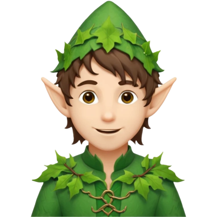 handsome elf with messy brunette hair wearing a leafy outfit and smile confidently emoji