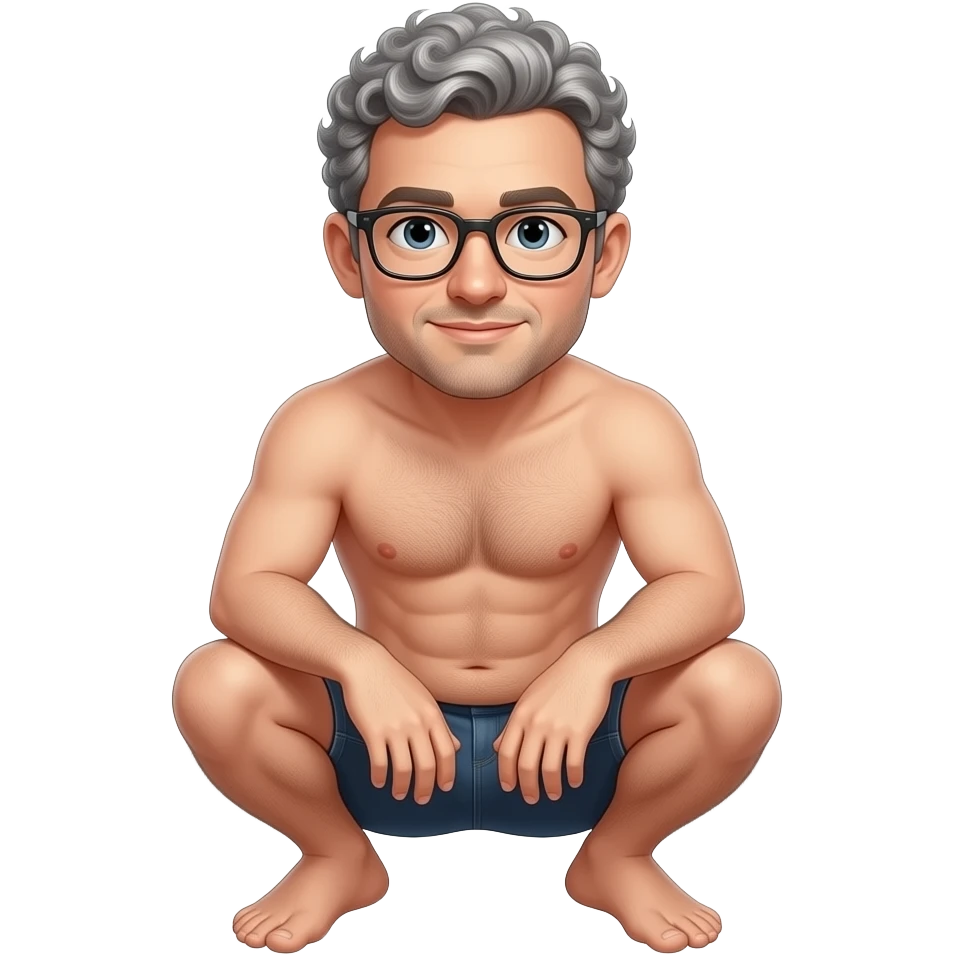 Guy with grey curly hair bald in the middle and glasses, naked squatting down emoji