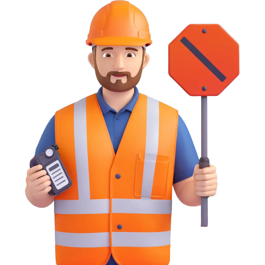 Network Rail worker emoji inspired by Keith Morey: orange vest, hard hat, holding a walkie-talkie, with a railway sign nearby emoji