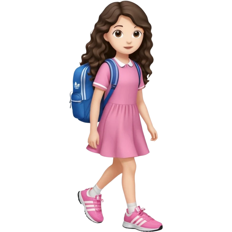 aestethic brunette very,very,very long wavy hair walking with a school backpack, with a cute pink dress, adidas shoes emoji
