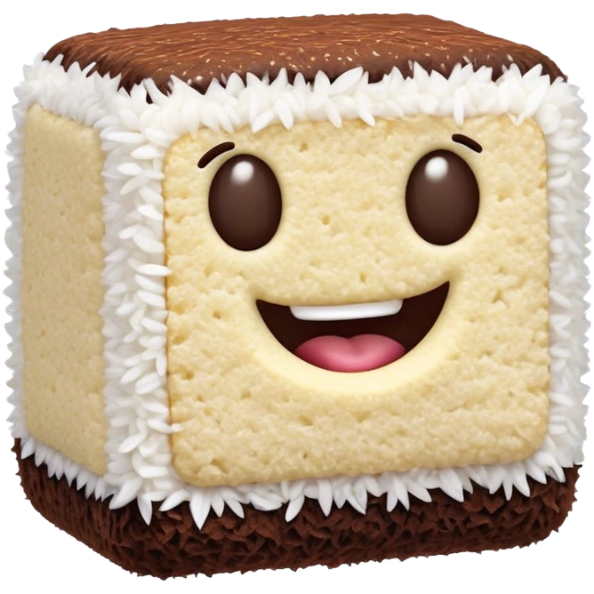 Cinematic Realistic Lamingtons Dessert Emoji, depicted as soft sponge squares coated in chocolate and coconut rendered with mouth‚Äêwatering detail and vibrant lighting. emoji