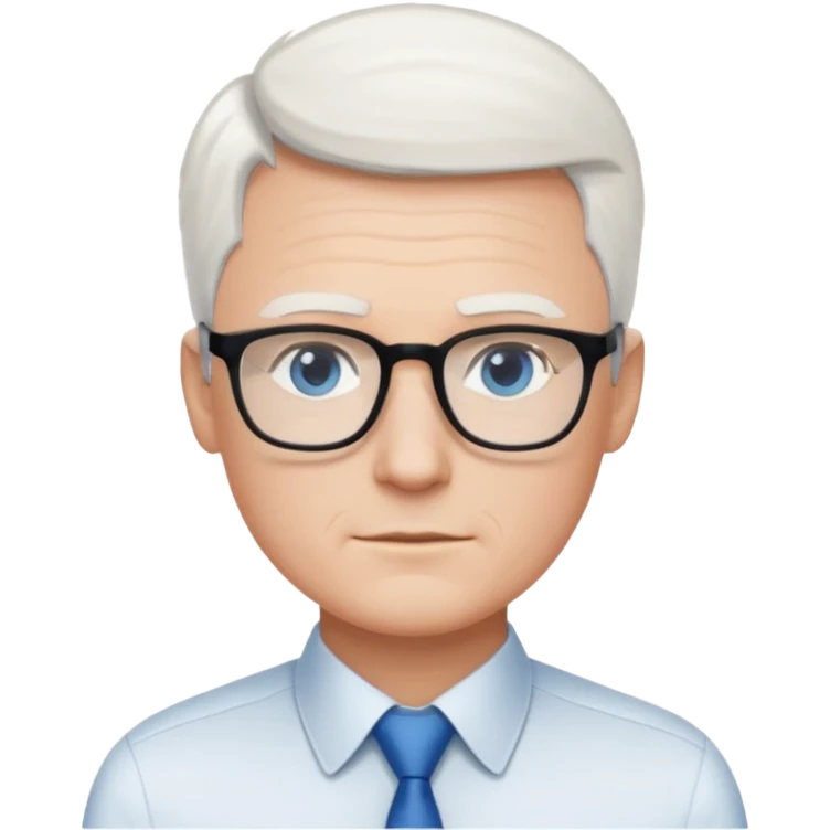 Thin white man, very short white hair, black thin square glasses, white shirt, blue eyes, ceo - no tie emoji