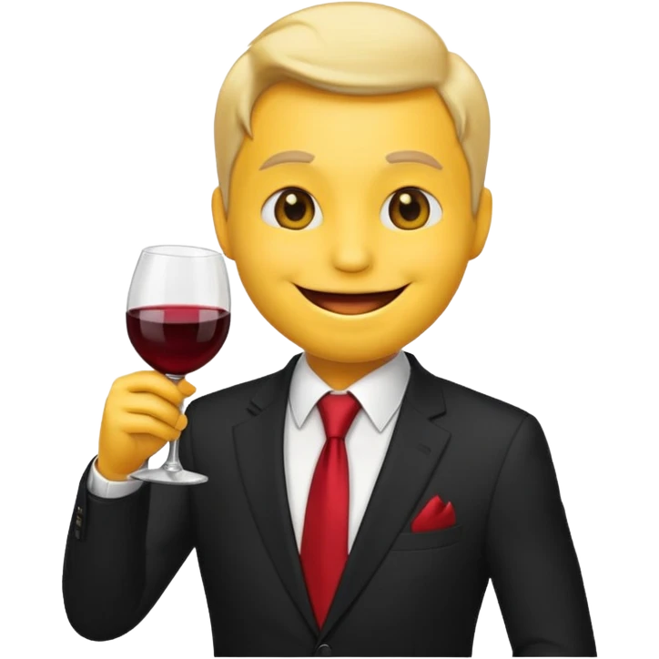 Yellow emoji with black suit and red tie, drinking wine, freaky smiling face, handsome emoji