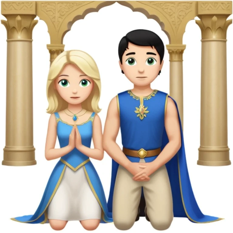 Man as king, black Hair, blue eyes, woman, blonde, green eyes, shott white sleveless Dress, kneeling, background palace emoji