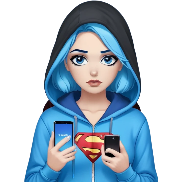 Thought bubble saying I'm sorry-Female-very very very large chest-texting on a samsung cell phone-very long straight black to sky blue hair ombre-blue eyes-black eyeliner-long eyelashes-unzipped hoodie with glitter superman logo-leggings-lippierced emoji