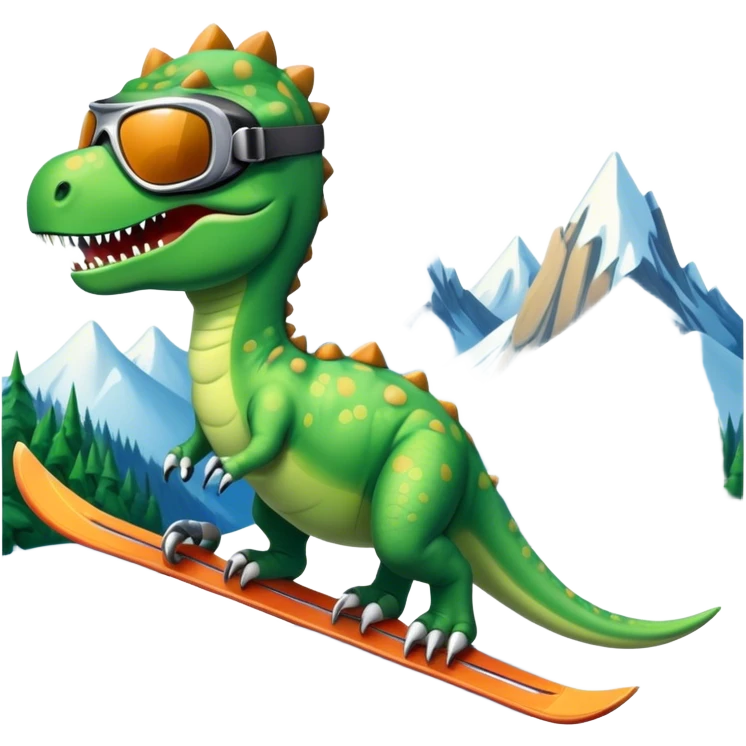 Ski goggles and skis on a dinosaur in mountains  emoji