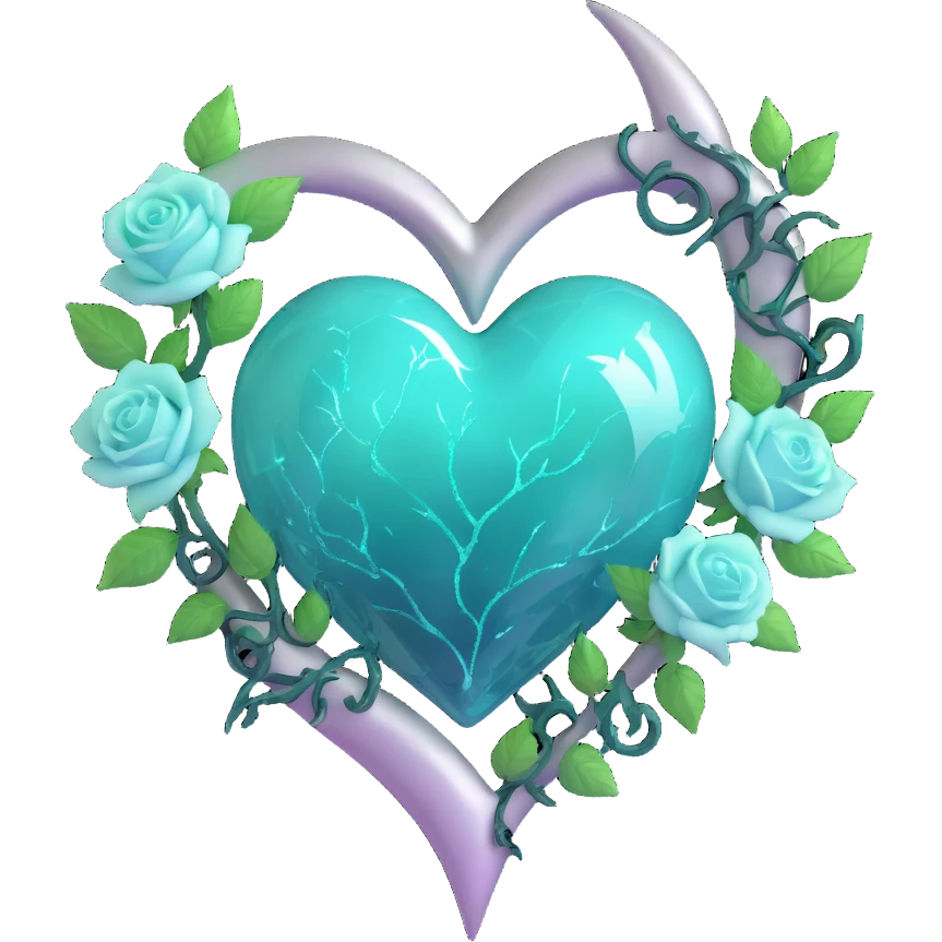 gothic heart made of teal glass, silver crescent moon, mint green roses, holographic stardust, neon white lightning, drenched and splintered glass emoji