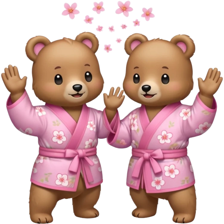 Two cute light-brown bears wearing pastel pink sakura-patterned kimonos, normal balanced body ratio.  
Facing each other and giving a joyful high-five with happy smiling faces and small spark effects.  
Kawaii emoji style, minimalistic clean sticker illustration, white background. emoji