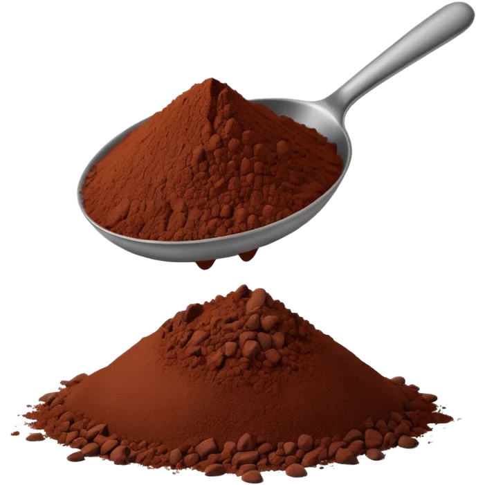 small pile of cocoa powder, deep brown, soft and velvety, slightly uneven edges, tiny metal spoon partially dipped, clean, detailed, 3D-rendered, smooth shadows, subtle lighting, tactile look, no packaging, no text, no extra elements, transparent background, emoji scale emoji