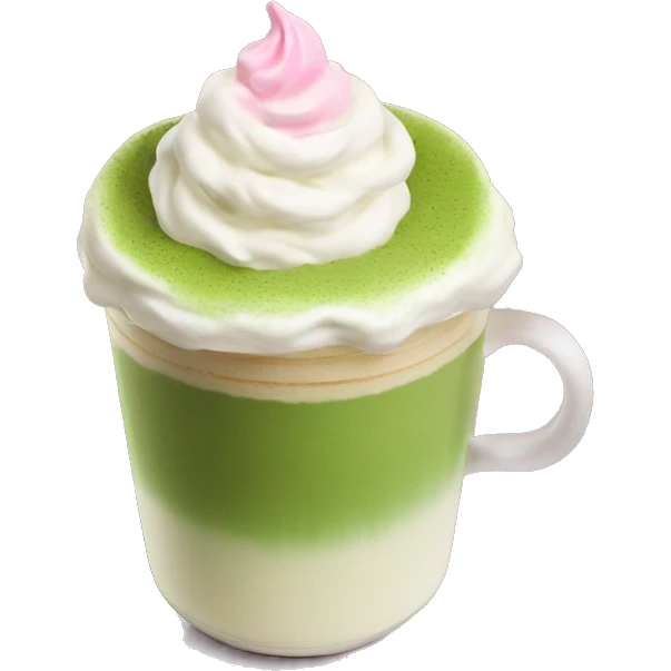 matcha latte with small dollop of pink whipped cream on top emoji