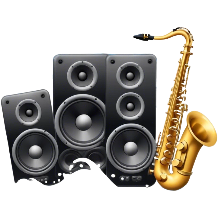 Icon for R&B Music Listening: large concert speakers and headphones with waves of musical notes coming out, along with drums, bass guitar and saxophone. The icon should convey the energetic and rhythmic vibe of R&B music. Transparent background emoji