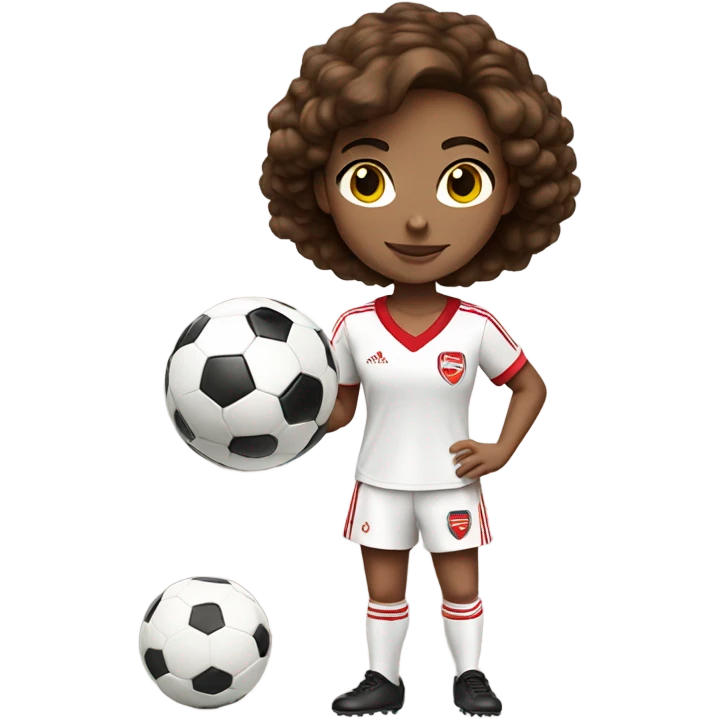 Pretty woman wearing an Arsenal jersey with short brown hair kicking a soccer ball emoji