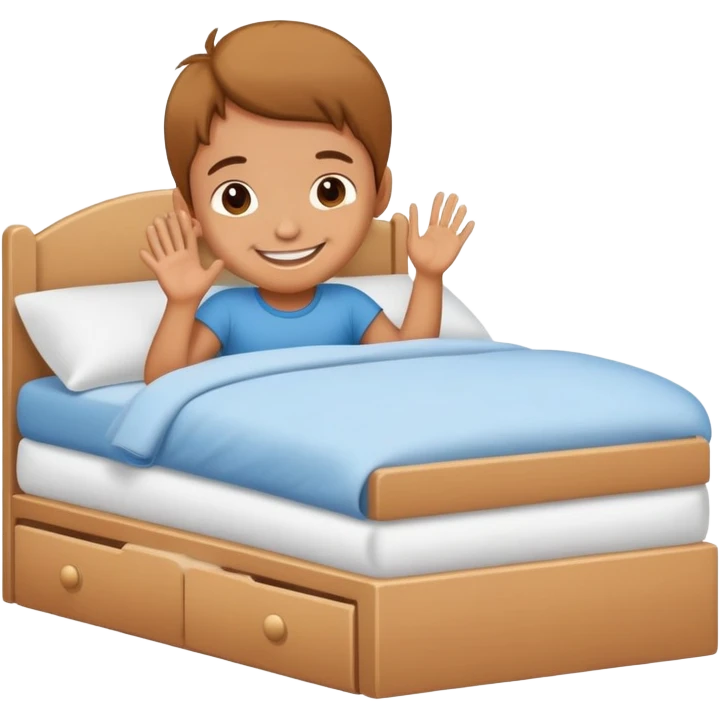 child making their bed, smiling, clean and friendly emoji