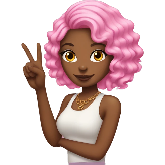 Pink haired African American woman  putting up peace sign with pink nails emoji