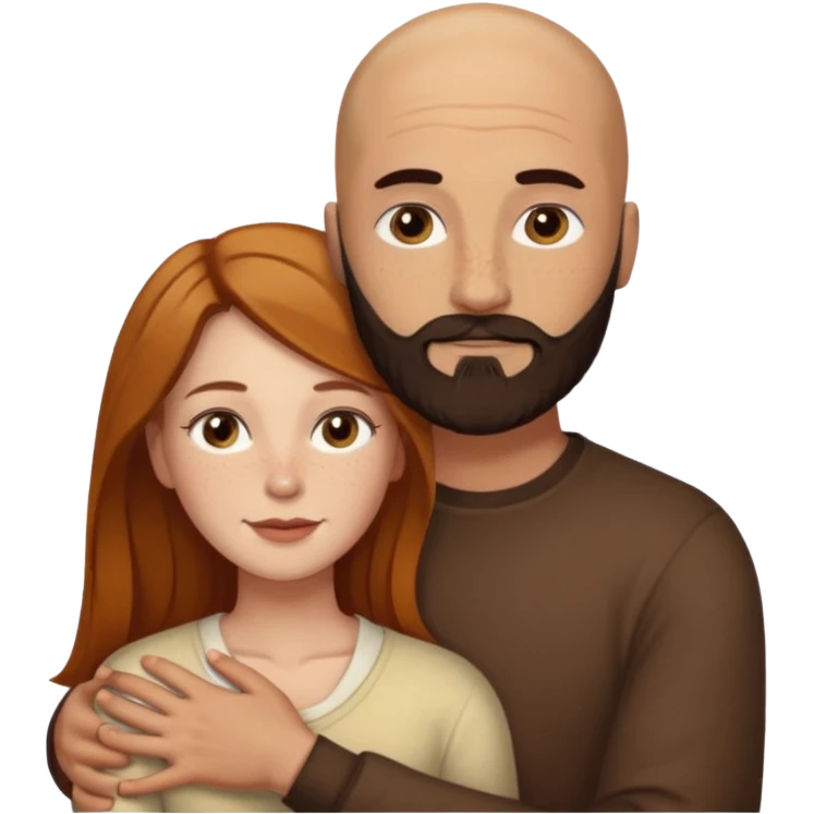 Couple. Bald man with dark brown-black beard. White woman with many small, faded freckles, she has white skin and she has auburn-yellow-brown-cinnamon, dark long hair. She has light brown eyes. The man have hazel eyes. Retro style. They hug. emoji
