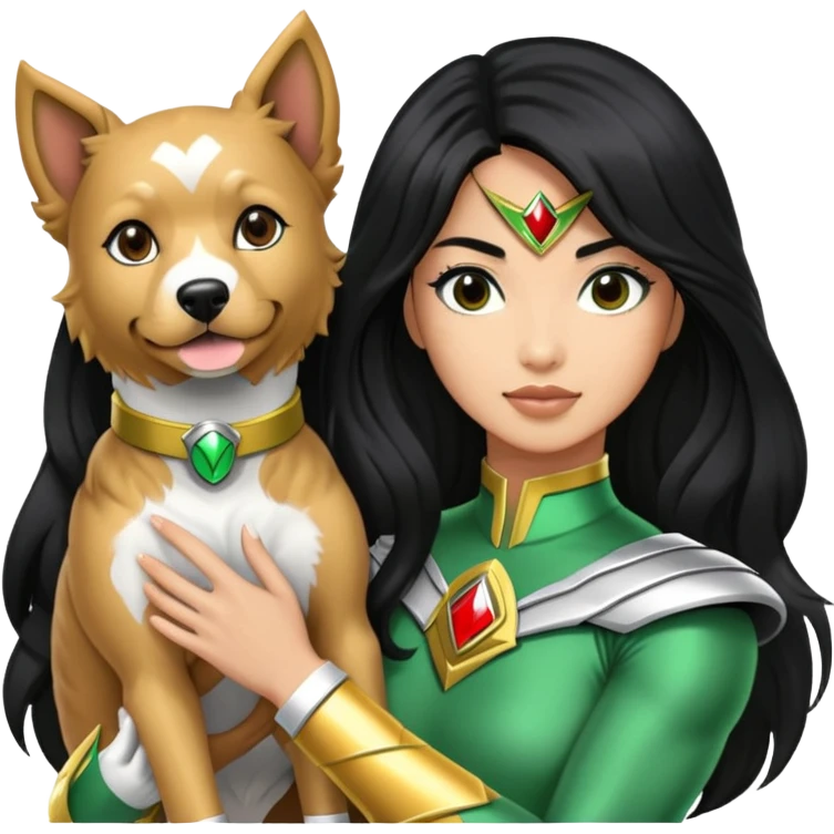 green power ranger wasian woman with long black hair and a cockapoo dog emoji