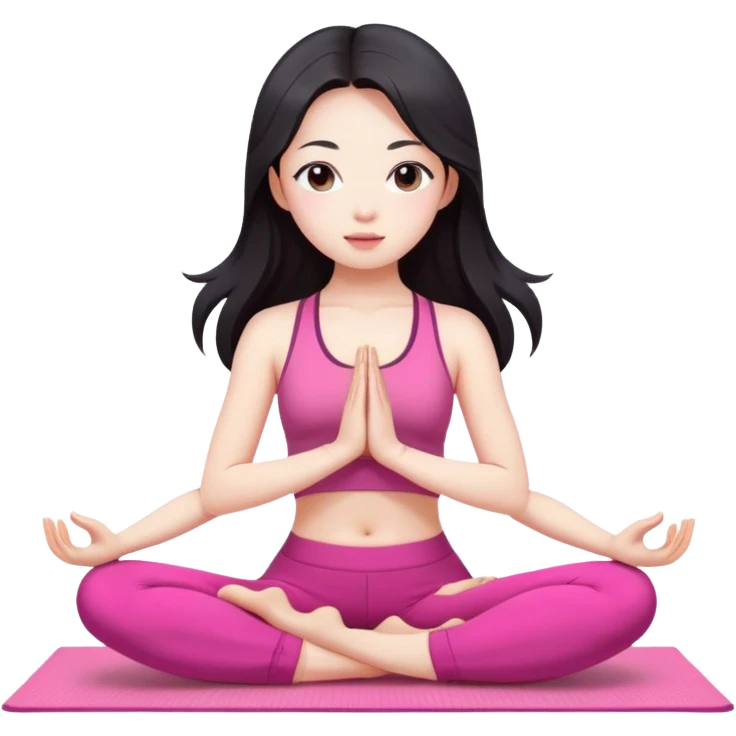 Asian girl doing yoga all in pink clothes, dark long hair, pale skin emoji