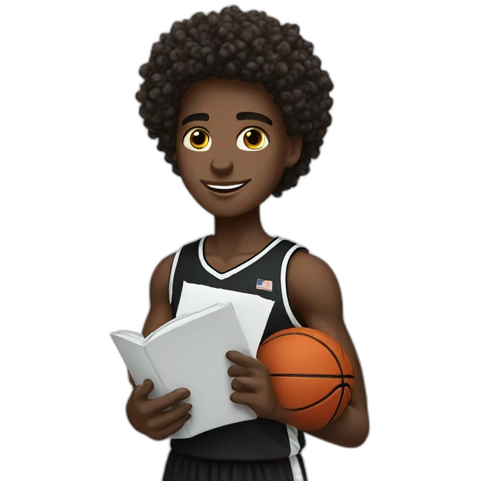 black basketball player holding the notebook wearing black and white jersey curly hair and handband emoji
