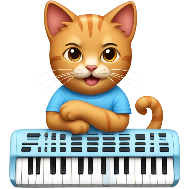 tan-red cat wearing a light-blue t-shirt taps musical keyboard emoji