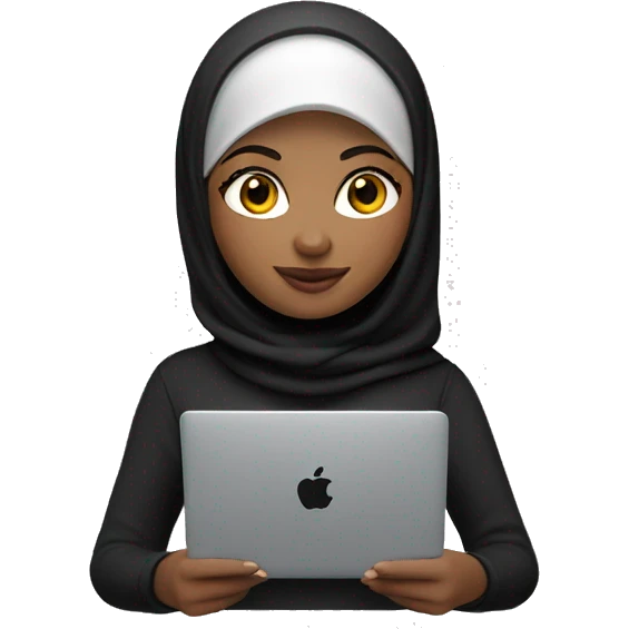 memoji of a female with a laptop in front, apple-style, modern, hijabi women, black sweater, computer in hand   --ar 1:1 emoji