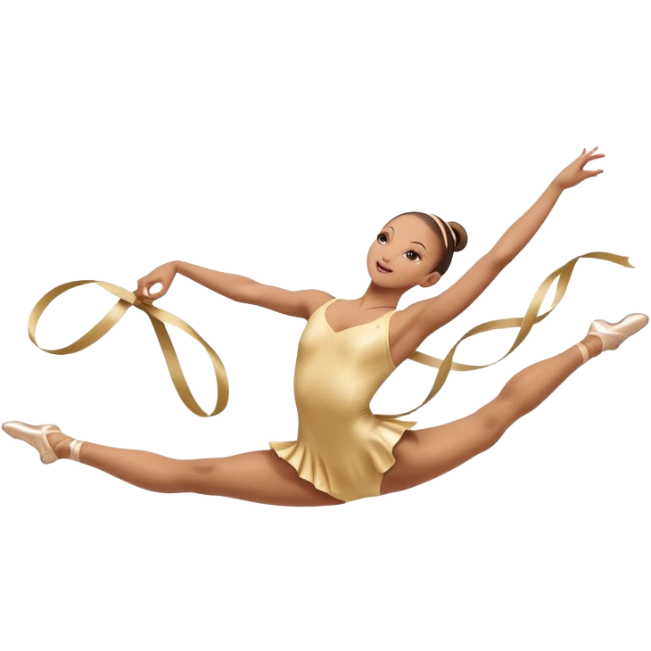 A graceful rhythmic gymnast performing with a flowing ribbon, executing an elegant leap mid-air. The pose exudes flexibility, balance, and artistry. The background suggests a competition arena with soft lighting, emphasizing movement, precision, and the beauty of the sport. emoji