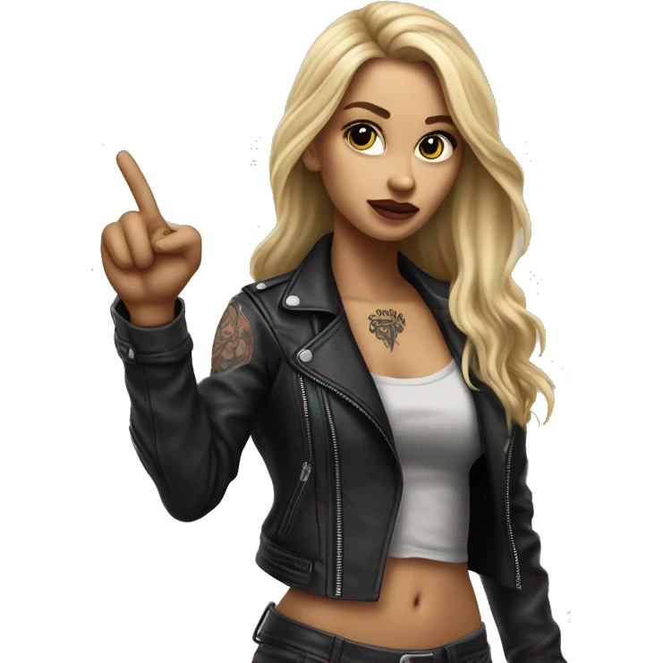 Blonde women with LONG HAIR, in Leather Jacket, Body Covered with Tattoos, POINTING YOU FORWARD with her HAND with INDEX FINGER, Hyper Realistic emoji