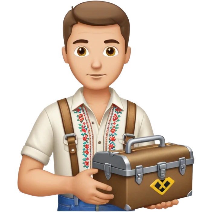 Ukrainian man in traditional embroidered shirt holding a toolbox emoji