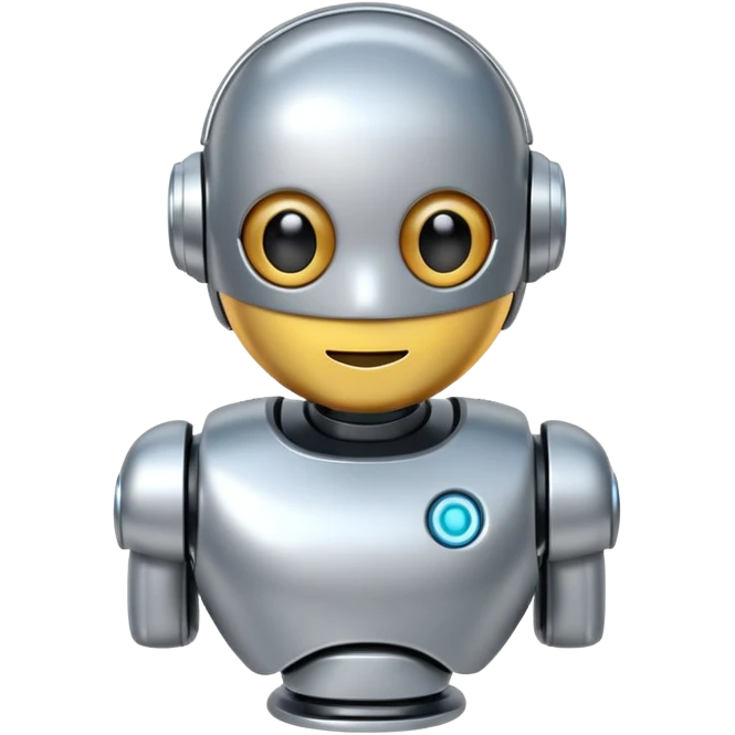 A cute futuristic robot emoji made of silver chrome, rounded friendly body, minimal facial features, glossy metallic surface, soft reflections, iOS emoji style, centered, clean white background emoji