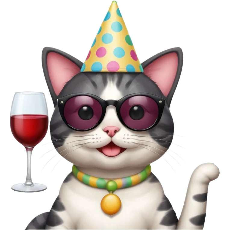 happy cat with a huge polka dot birthday hat, black sunglasses, and a wine glass emoji