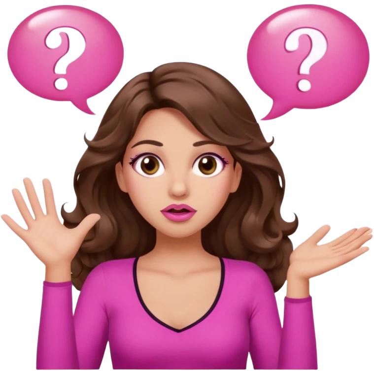 girl with long wavy brown hair, brown eyes, long lashes makeup, sexy pink lips, light to medium complexion, pink sexy top, two hands up, shrugging, confused question mark bubble sign emoji