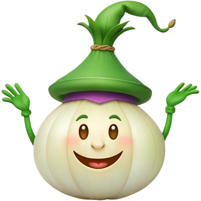 A cheerful, mischievous onion character with a big smile, wearing a green hat and a playful expression, set against a simple, colorful background. emoji